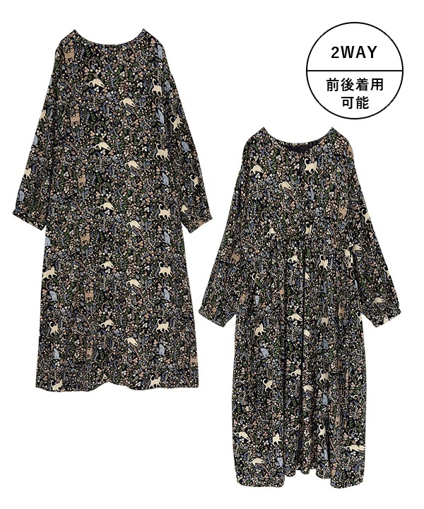 CAT＆フラワープリントレーヨン2wayワンピース 25W031