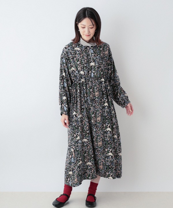 CAT＆フラワープリントレーヨン2wayワンピース 25W031