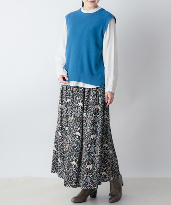 CAT＆フラワープリントレーヨンスカート 25W032