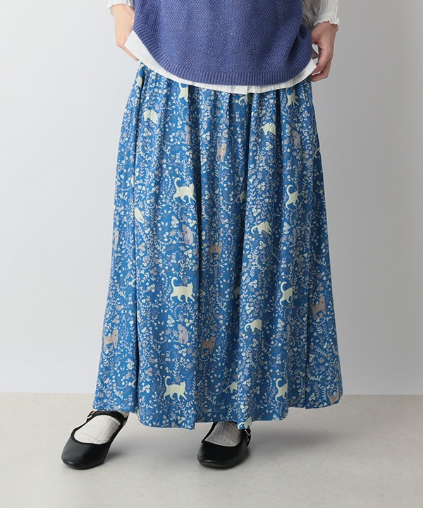 CAT＆フラワープリントレーヨンスカート 25W032