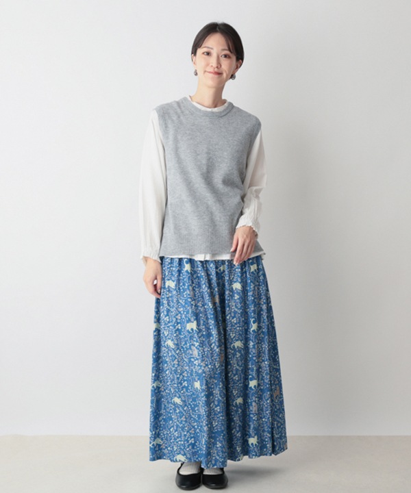 CAT＆フラワープリントレーヨンスカート 25W032