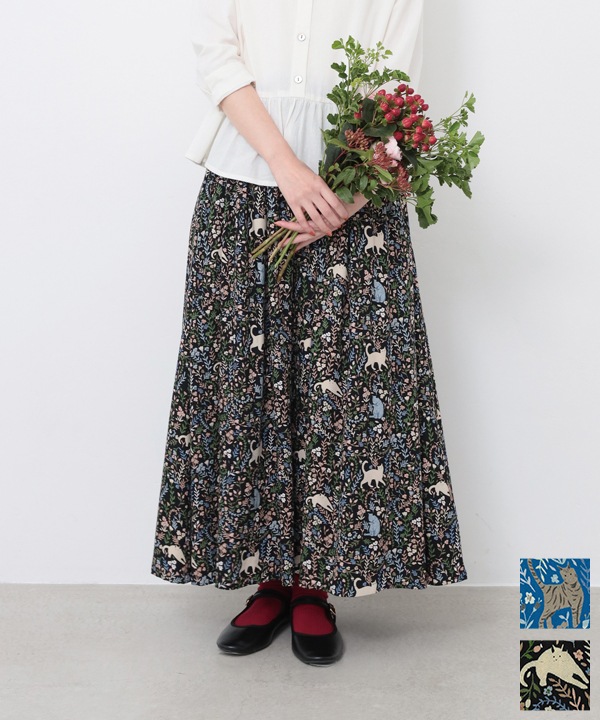 CAT＆フラワープリントレーヨンスカート 25W032