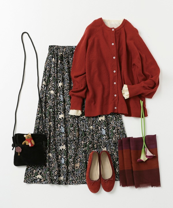 CAT＆フラワープリントレーヨンスカート 25W032