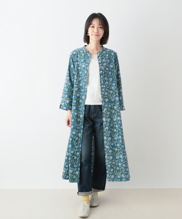 IROIROブロックプリント起毛コットン前開ワンピース 25W043