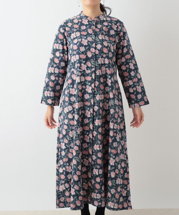 IROIROブロックプリント起毛コットン前開ワンピース 25W043