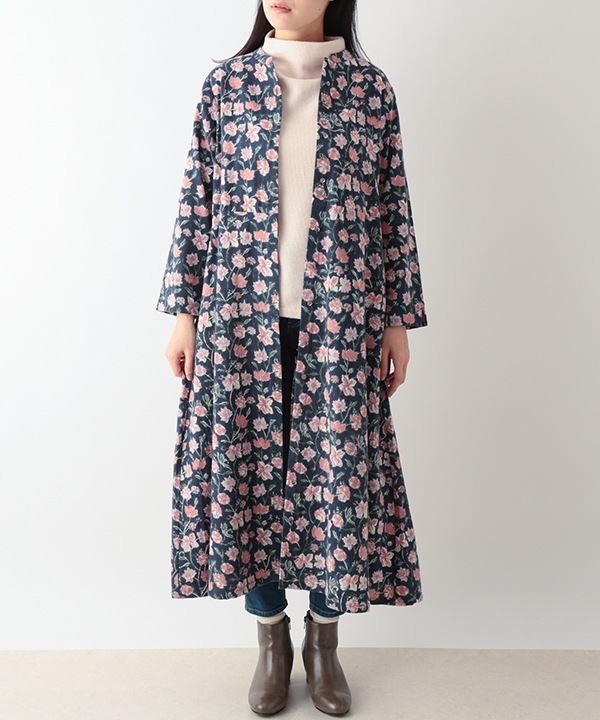 IROIROブロックプリント起毛コットン前開ワンピース 25W043