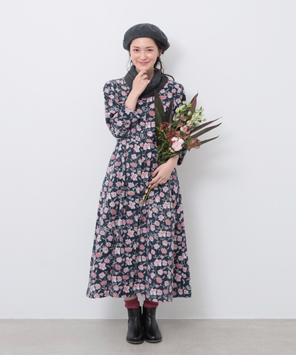 IROIROブロックプリント起毛コットン前開ワンピース 25W043