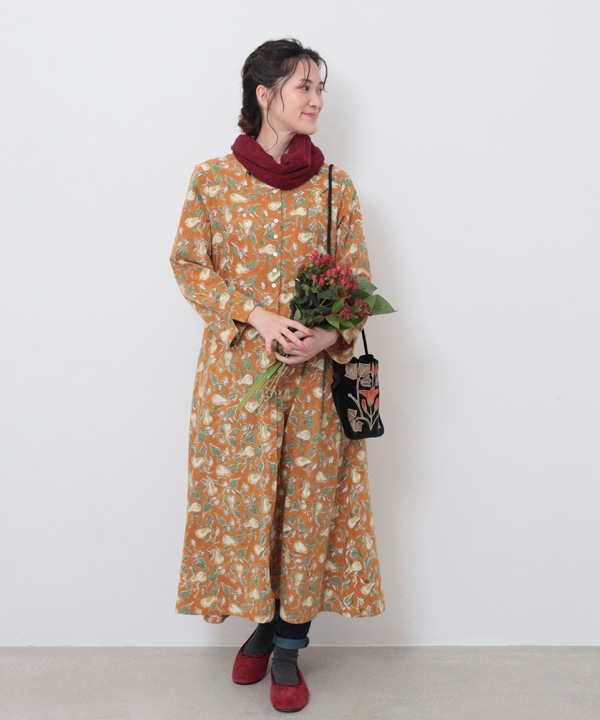 IROIROブロックプリント起毛コットン前開ワンピース 25W043