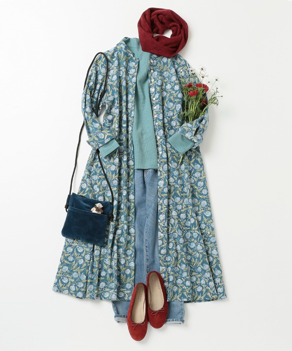 IROIROブロックプリント起毛コットン前開ワンピース 25W043