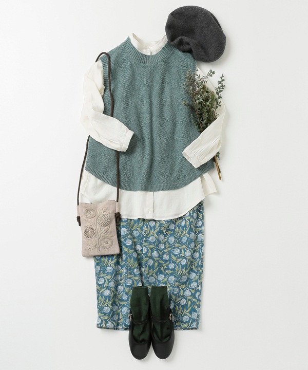 IROIROブロックプリント起毛コットンゆったりテーパードパンツ 25W044