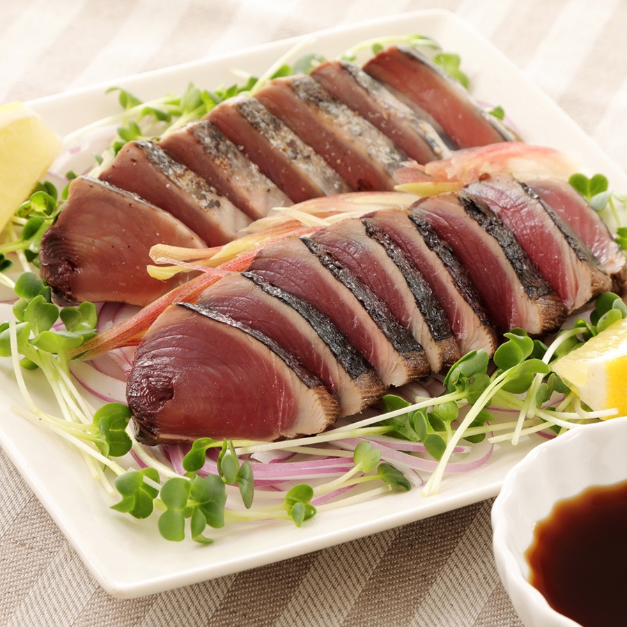 【メーカー・産地直送】〈野島水産〉藁焼き鰹たたき2節セット（特製ポン酢2本・深層水塩2袋付き）
