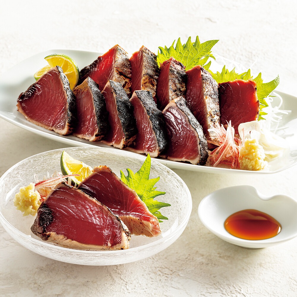 【メーカー・産地直送】〈野島水産〉藁焼き鰹たたき2節セット（特製ポン酢2本・深層水塩2袋付き）