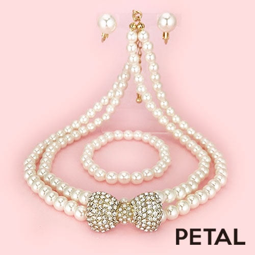 キッズ☆大人になったみたい♪クラシックリボンパールネックレスとイヤリングとブレスのパール豪華3点セット【PETAL MARKET】