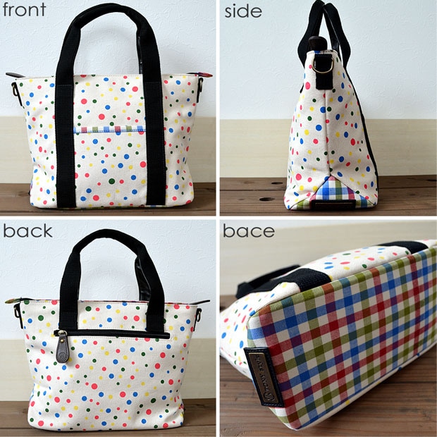 本体生地は、オリジナルプリントのマーブルドット柄
ハンプ生地とチェック柄をミックスさせた個性的なデザイン♪
他には無い個性的なおしゃれなバッグ。