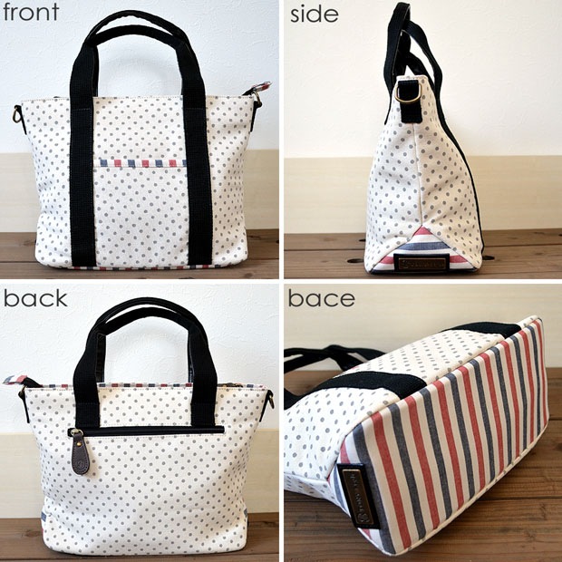 本体生地は、落ち着いたカラーのドット柄ハンプ生地と
トリコロールカラーの生地をミックスさせた個性的なデザイン♪
他には無い個性的なおしゃれなバッグ。