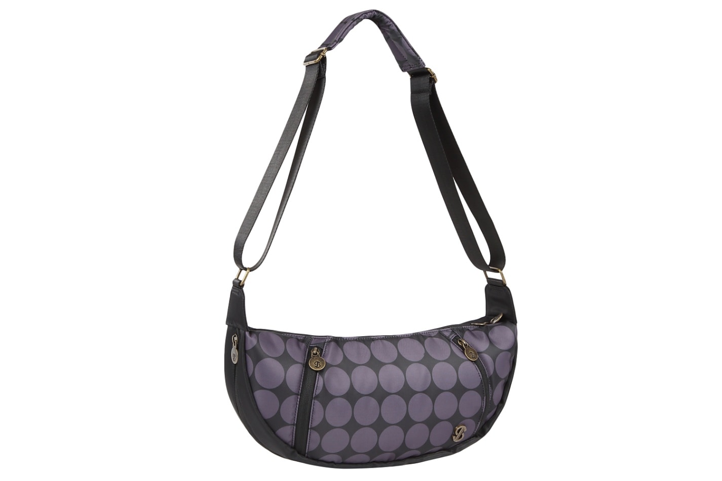 レトロでかわいいドット柄プリントとおしゃれなバナナ型のショルダーバッグです。