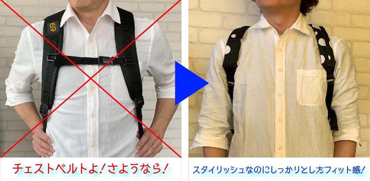 「チェストベルト」がなくてもズレにくい！<br>
デザイン性も考えたぴったりフィットのぴたリュック◎
