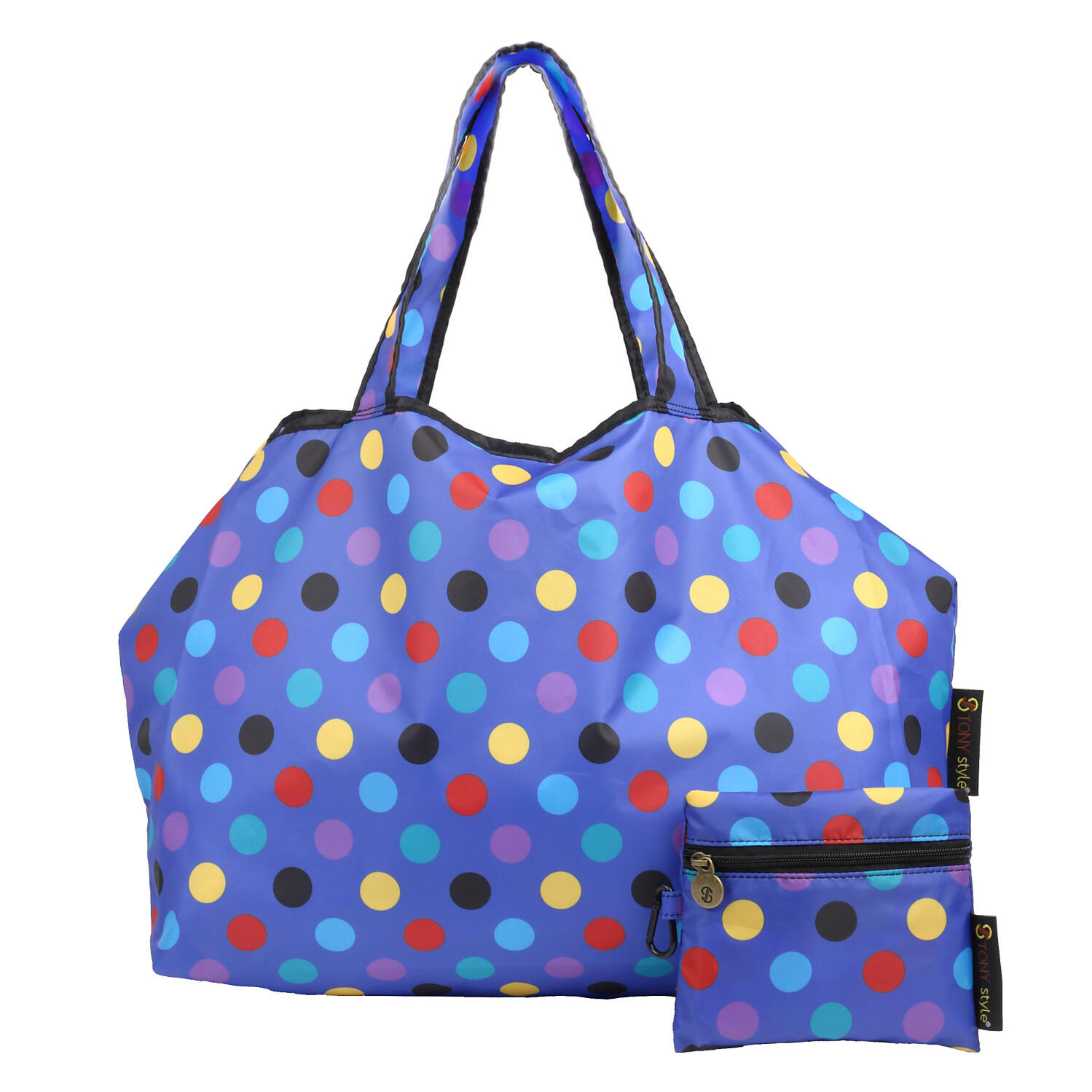 【TONYstyleオリジナルバッグ】折りたたみエコバッグ　～ハッピーブルー～　ポケッタブルトートバッグ　エコバッグ　ジム用バッグ　おしゃれ　大容量　軽量　レジ袋　コンパクトトートバッグ　A4対応　男女兼用　メンズバッグ レディースバッグ　ドット　水玉