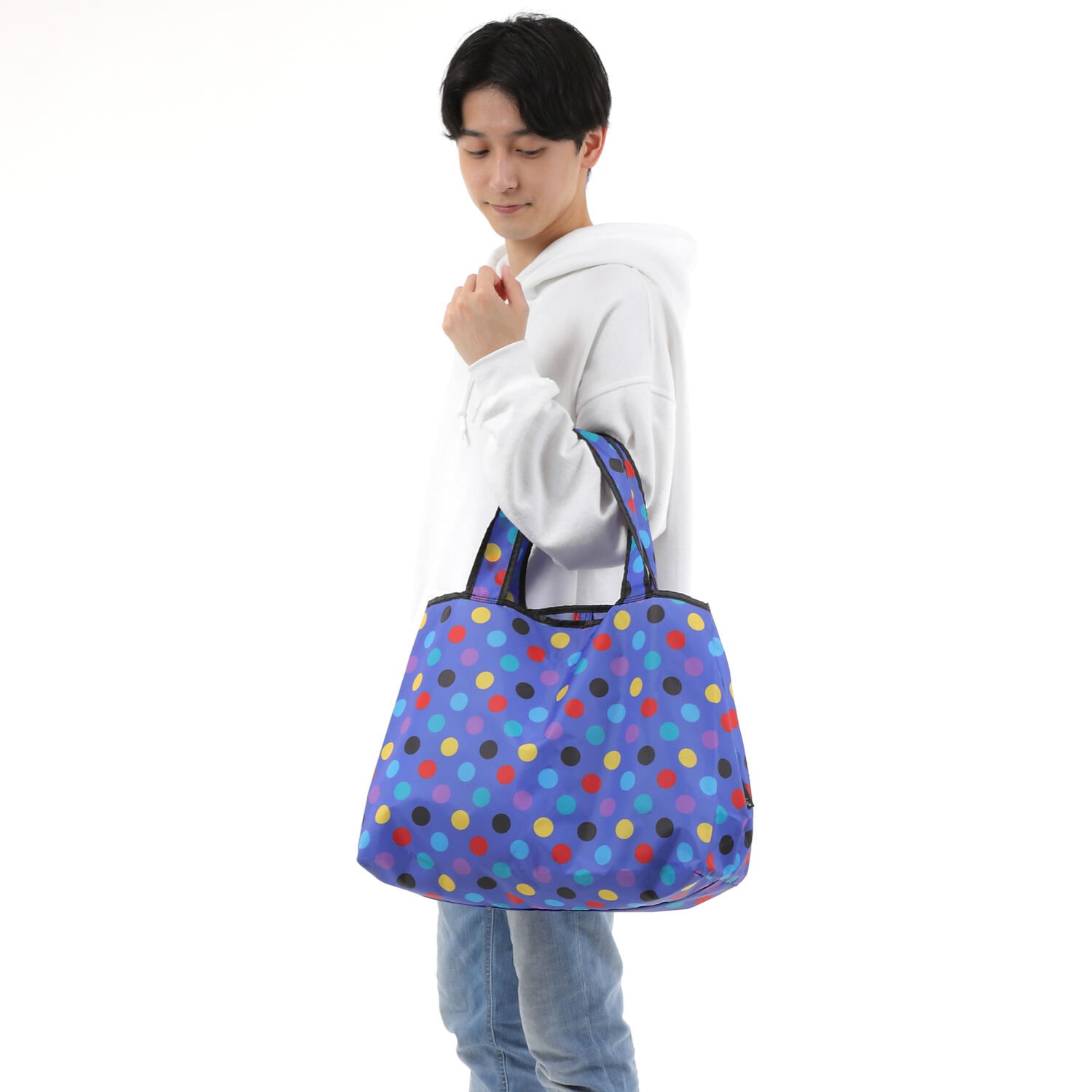 【TONYstyleオリジナルバッグ】折りたたみエコバッグ　～ビッグコインドット～　ポケッタブルトートバッグ　エコバッグ　ジム用バッグ　おしゃれ　大容量　軽量　レジ袋　コンパクトトートバッグ　A4対応　男女兼用　メンズバッグ レディースバッグ　ドットバッグ　水玉