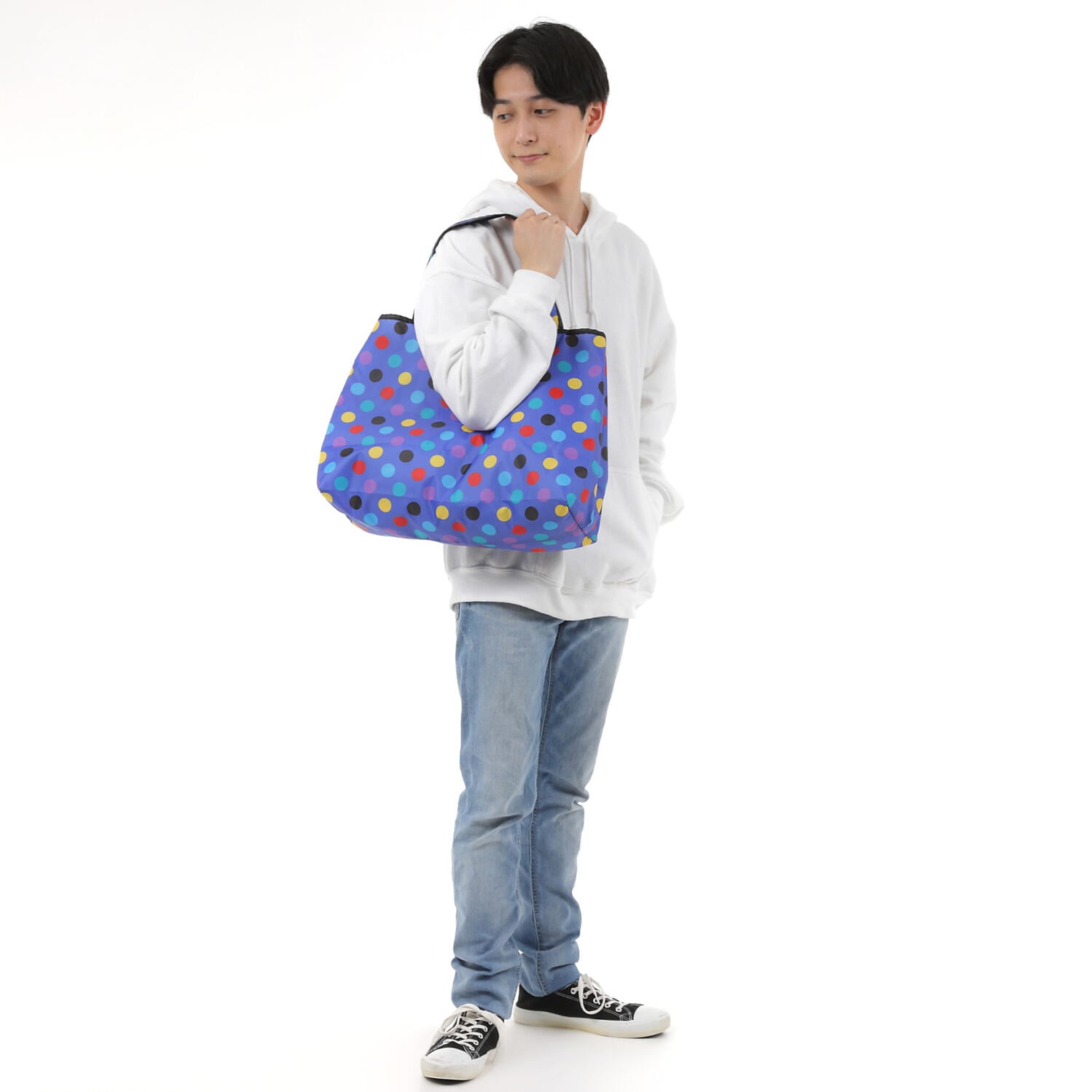 【TONYstyleオリジナルバッグ】折りたたみエコバッグ　～ギンガムブルー～　ポケッタブルトートバッグ　エコバッグ　ジム用バッグ　おしゃれ　大容量　軽量　レジ袋　コンパクトトートバッグ　A4対応　男女兼用　メンズバッグ レディースバッグ　ドットバッグ　水玉