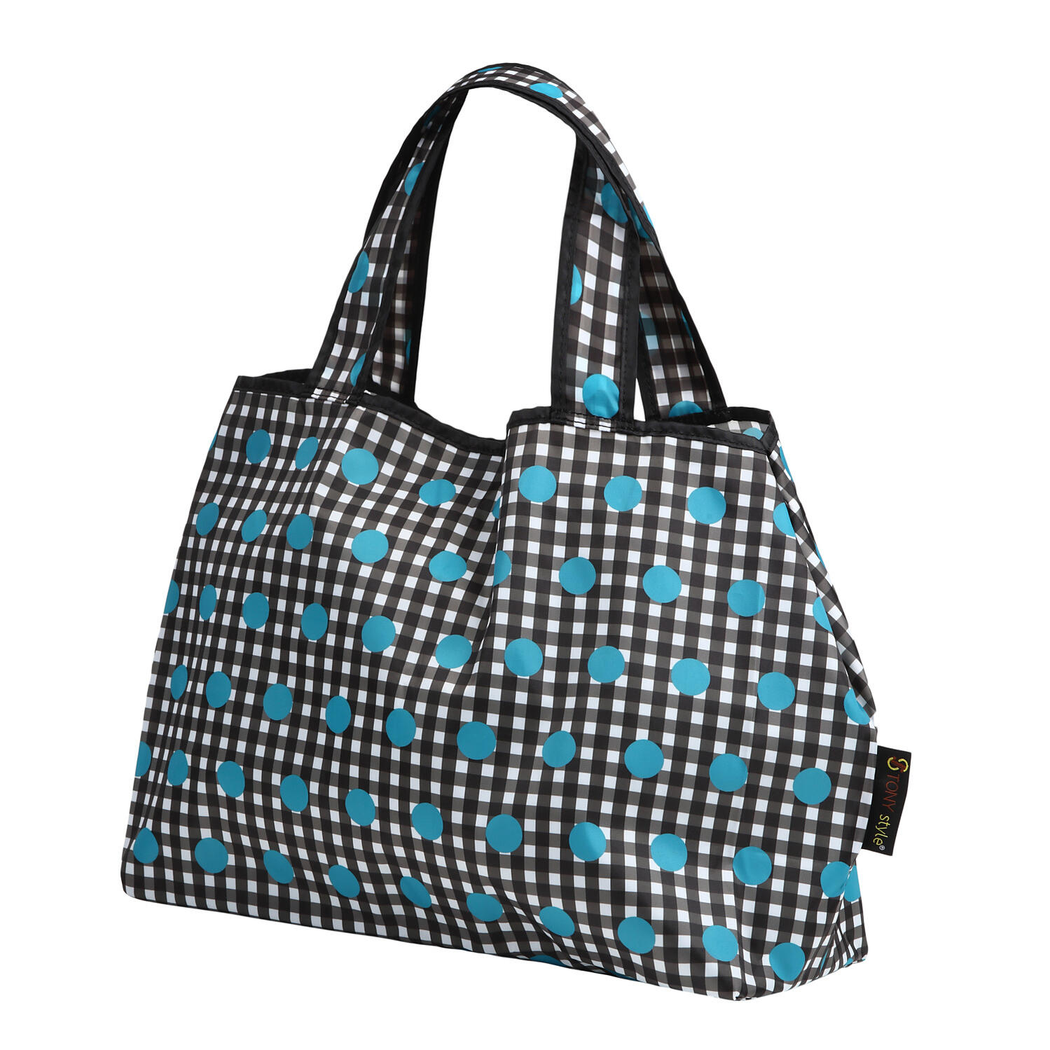 【TONYstyleオリジナルバッグ】折りたたみエコバッグ　～ギンガムブルー～　ポケッタブルトートバッグ　エコバッグ　ジム用バッグ　おしゃれ　大容量　軽量　レジ袋　コンパクトトートバッグ　A4対応　男女兼用　メンズバッグ レディースバッグ　ドットバッグ　水玉