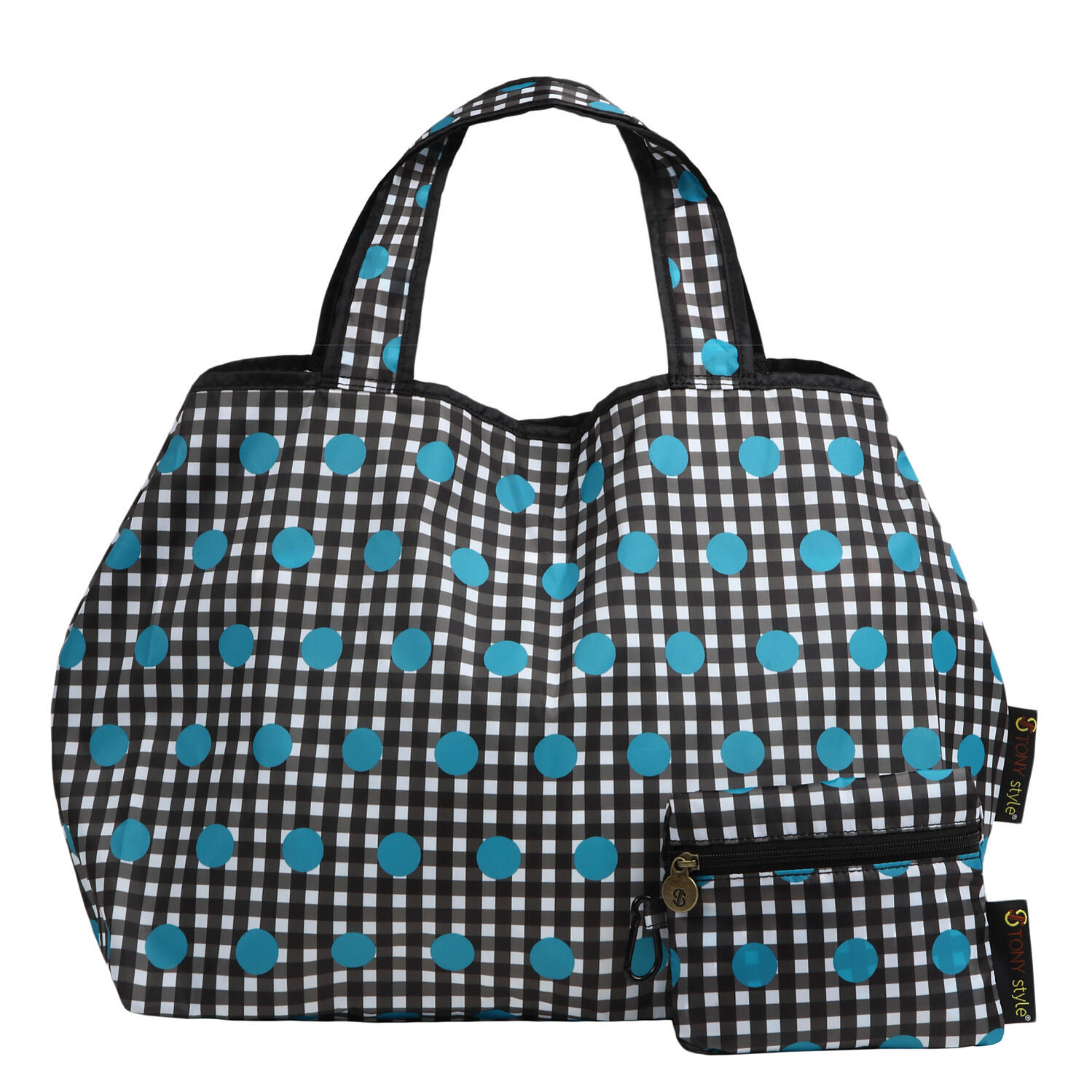 【TONYstyleオリジナルバッグ】折りたたみエコバッグ　～ギンガムブルー～　ポケッタブルトートバッグ　エコバッグ　ジム用バッグ　おしゃれ　大容量　軽量　レジ袋　コンパクトトートバッグ　A4対応　男女兼用　メンズバッグ レディースバッグ　ドットバッグ　水玉