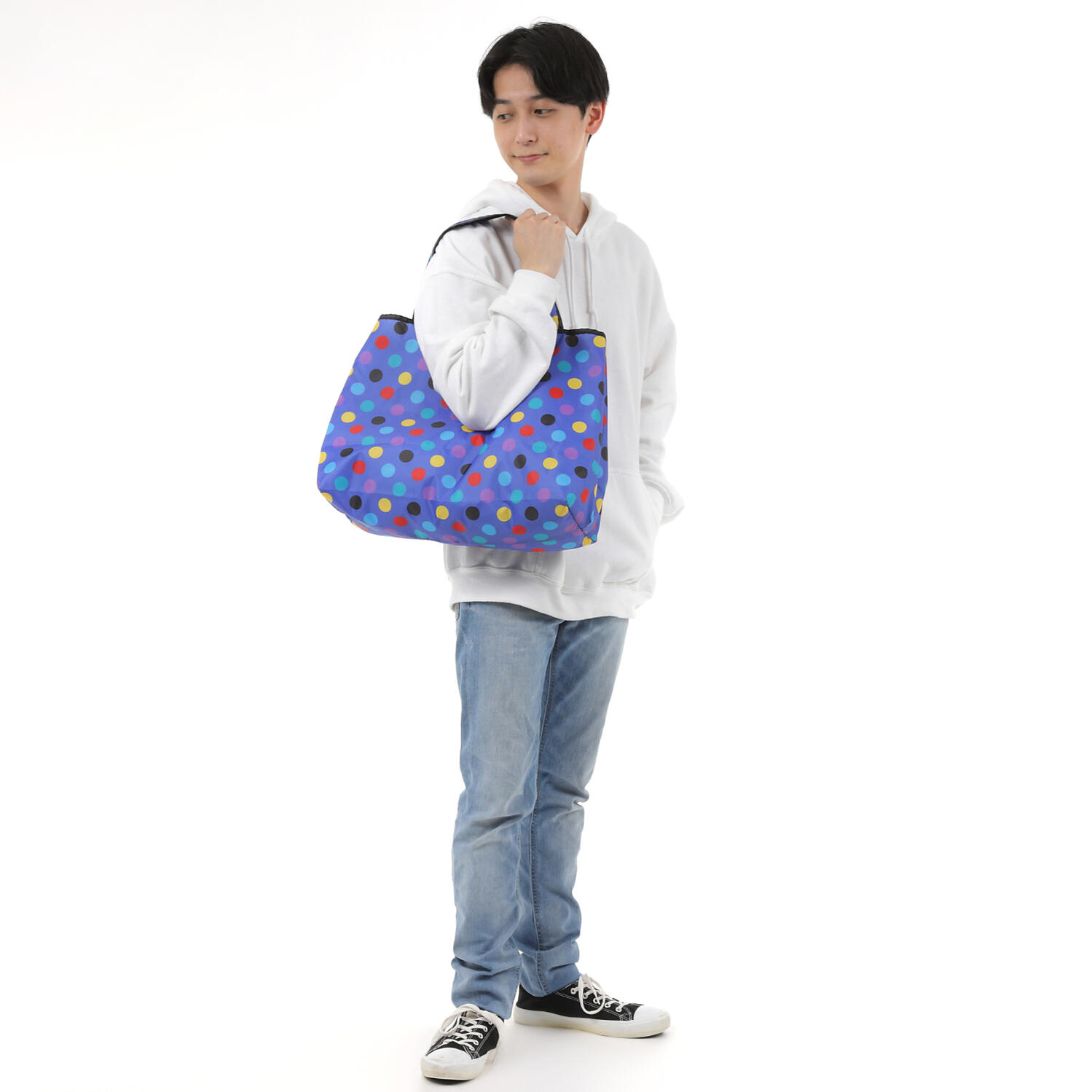 【TONYstyleオリジナルバッグ】折りたたみエコバッグ　～ピンクパープルー～  ポケッタブルトートバッグ　エコバッグ　ジム用バッグ　おしゃれ　大容量　軽量　レジ袋　コンパクトトートバッグ　A4対応　男女兼用　メンズバッグ レディースバッグ　ドット　水玉