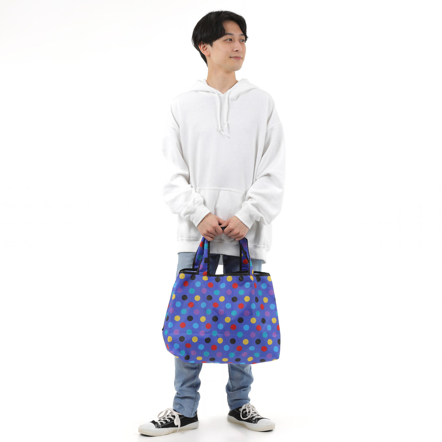 【TONYstyleオリジナルバッグ】折りたたみエコバッグ　～手描きドット～  ポケッタブルトートバッグ　エコバッグ　ジム用バッグ　おしゃれ　大容量　軽量　レジ袋　コンパクトトートバッグ　A4対応　男女兼用　メンズバッグ レディースバッグ　ドットバッグ　水玉