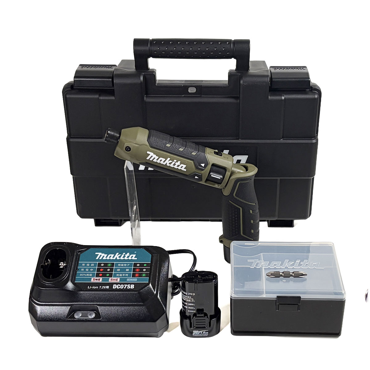 マキタ(makita) 7.2V 充電式ペンインパクトドライバ オリーブ TD023DSHXO Li-ion電池(BL0715)2本 充電器(DC07SB) プラスチックケース