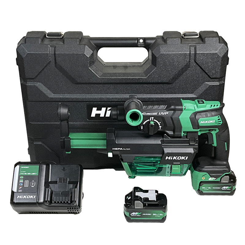 HIKOKI（ハイコーキ）36V　ロータリハンマドリル・集じんシステム付　DH36DPF(2XPZ)　マルチボルト充電池(BSL36A18X)2個　充電器(UC18YDL2)　ケース