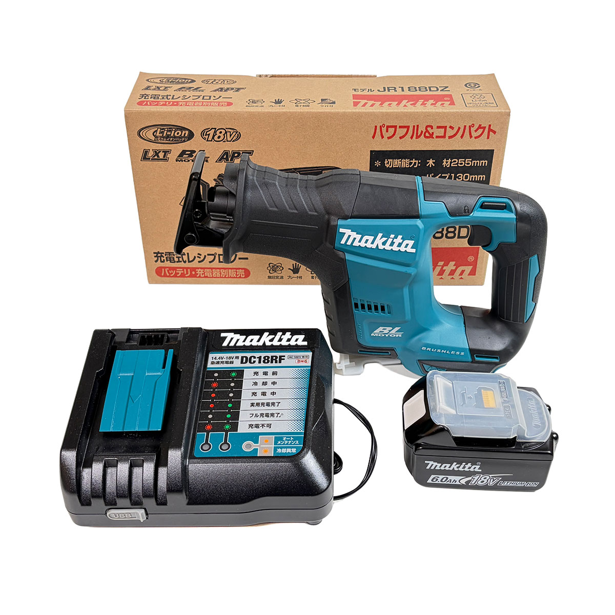 マキタ　18V　充電式レシプロソー　JR188D　6.0Ah Li-ion電池(BL1860B)1個　充電器(DC18RF)　※ケースなし