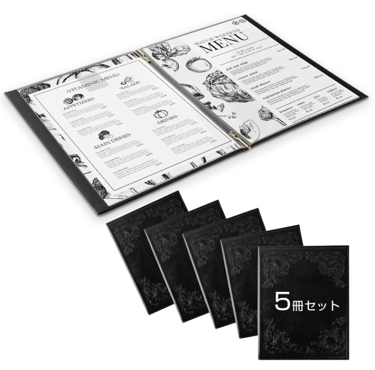 洋風メニューブック メニューブック A4 メニュークリップ 洋風 メニューカバー おしゃれ 飲食店 メニュー表 ファイルブック 業務用 高級 yyb-cp04-bk-5set