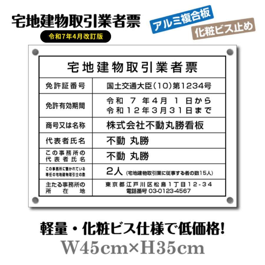 宅地建物取引業者票 宅建 標識 不動産 業者票 許可票 化粧ビス付き tr-white-bisu