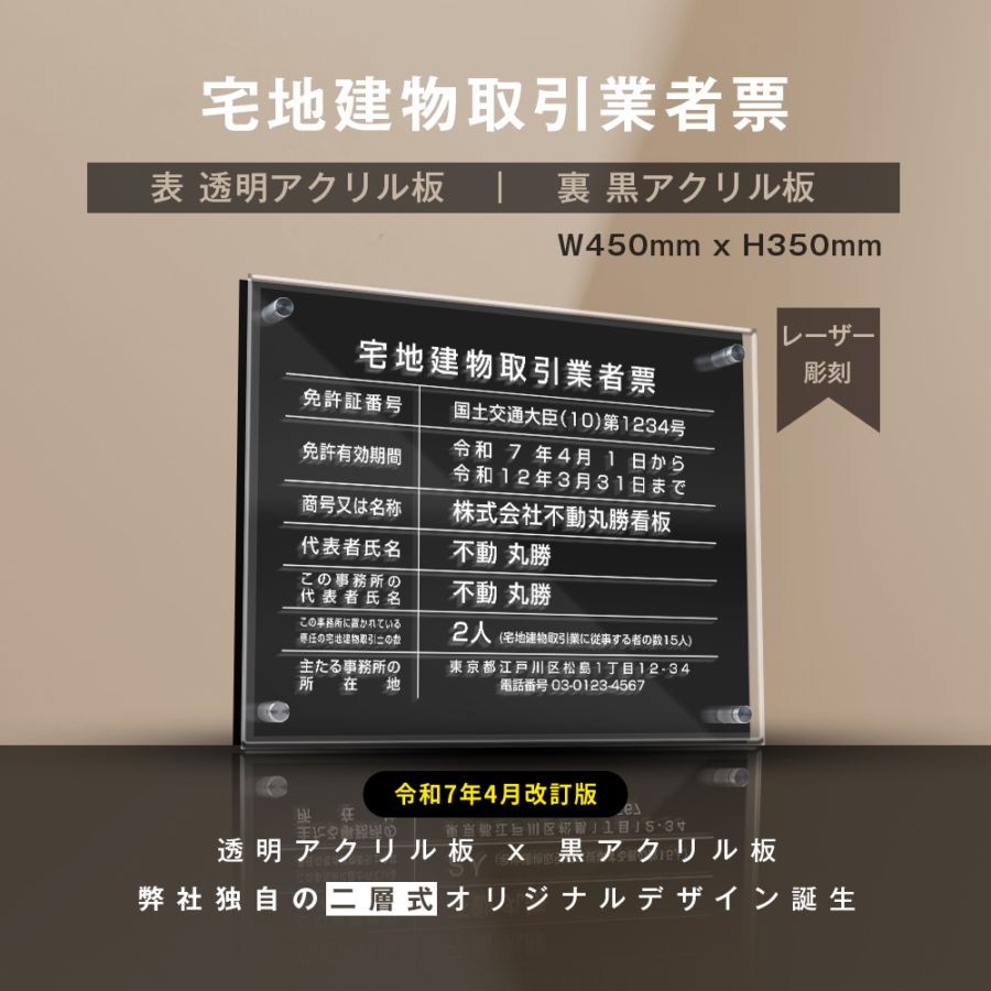 宅地建物取引業者票【透明アクリル×黒アクリル板】【文字彫刻加工】横450×縦350×厚さ5mm  許可票  gs-pl-tr-t-ck