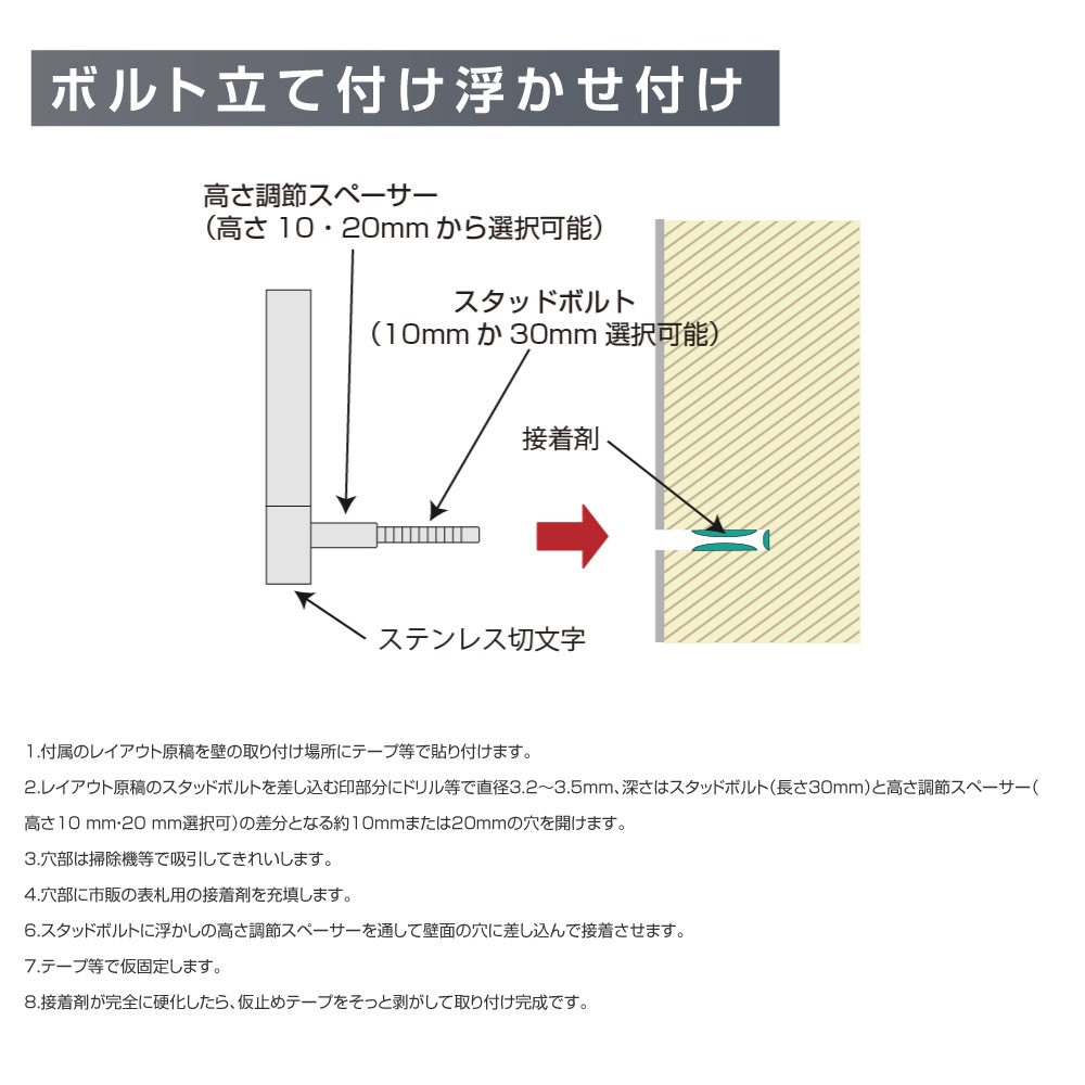 スタッド付き 切り文字 バラ文字【漢字・ひらがな・カタカナ】[ステンレス t3.0]<br>SUS30045