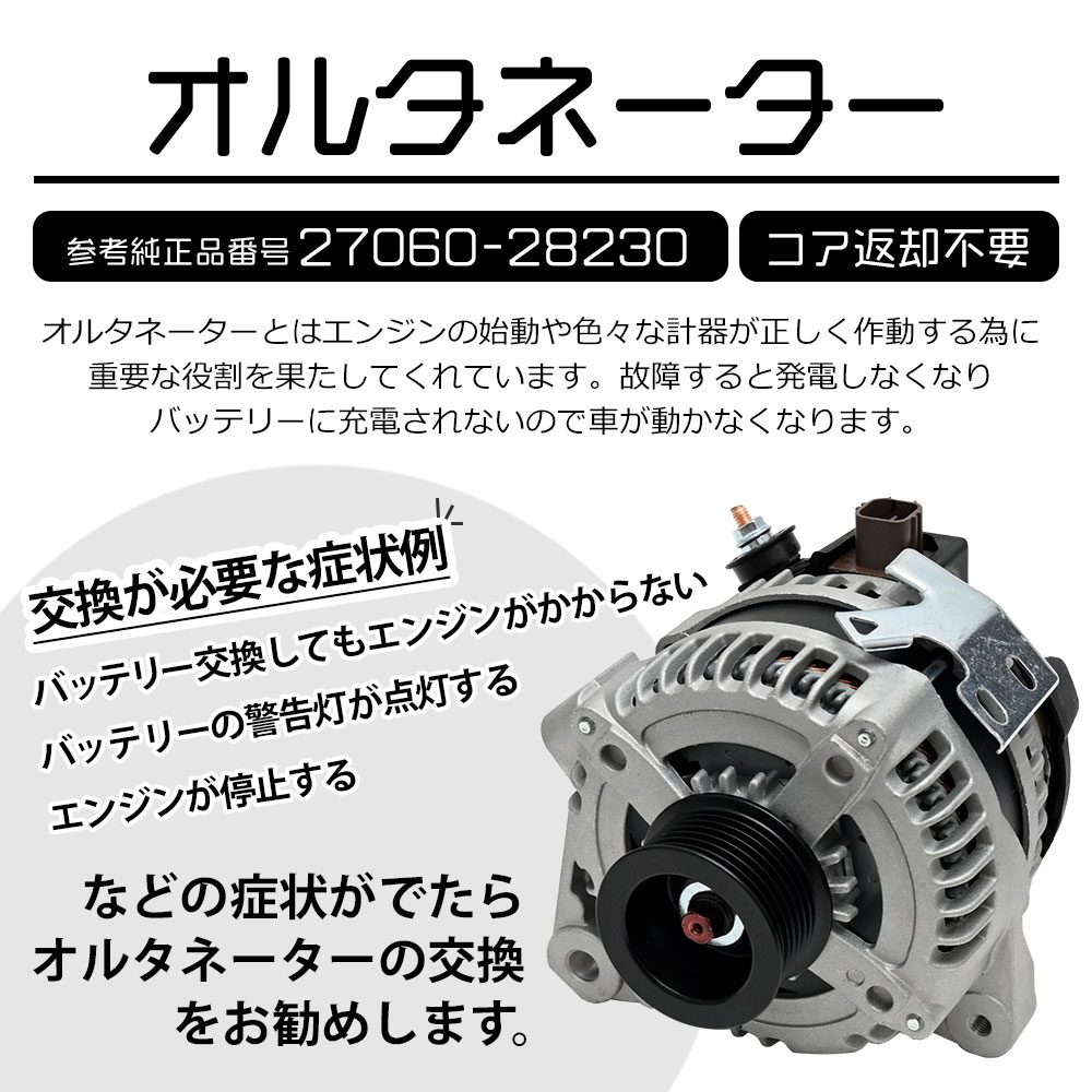 アイシス ANM10G ANM10W ANM15G ANM15W ISIS オルタネーター コア返却不要 リプロ パーツ 修理 交換 代替 参考純正品番号 27060-28230 部品 補修 補修