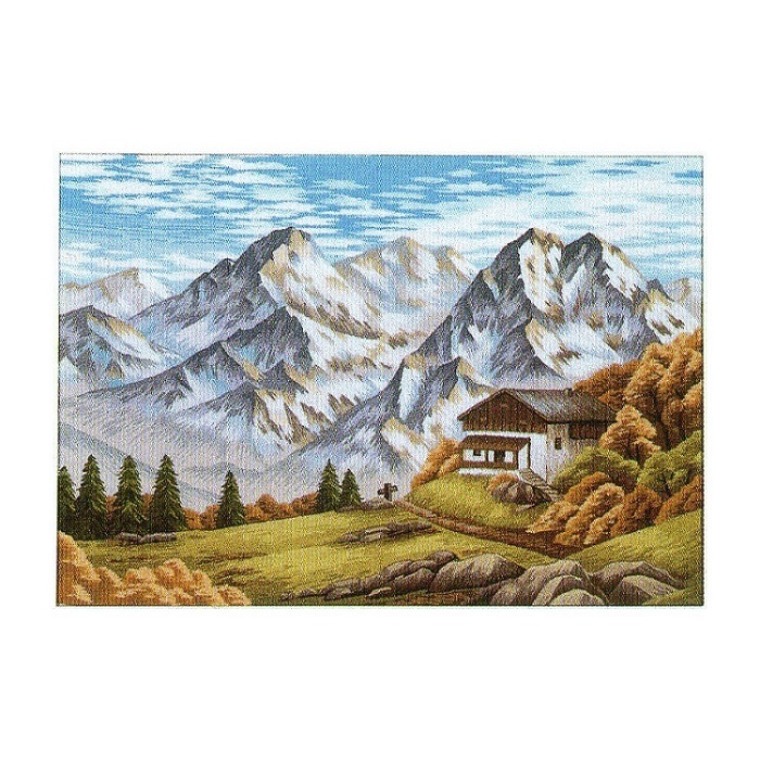 ビンテージ絵画　文化刺繍 山小屋　雪化粧した山脈 ハンドメイド 0000000003072_xubsBWR.jpg