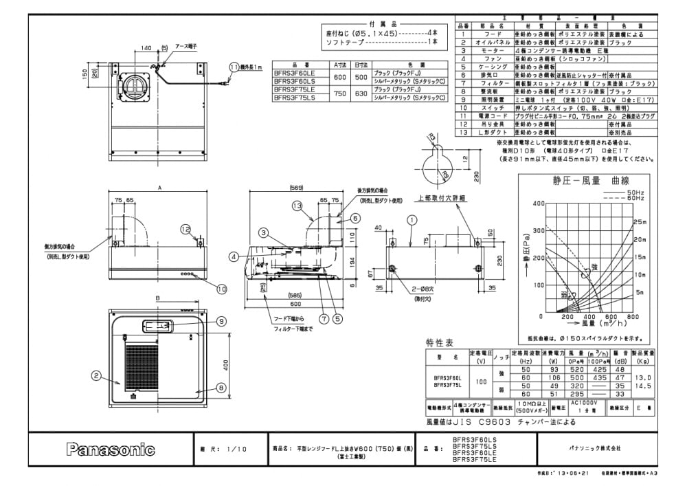 レンジフード 富士工業製（Panasonic） LEBFRS3F75(R/L)S 間口75cm 
