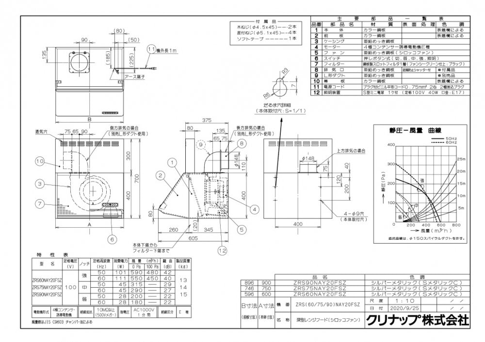レンジフード クリナップ ZRS90NAY20FSZ 間口90cm 深型レンジフード