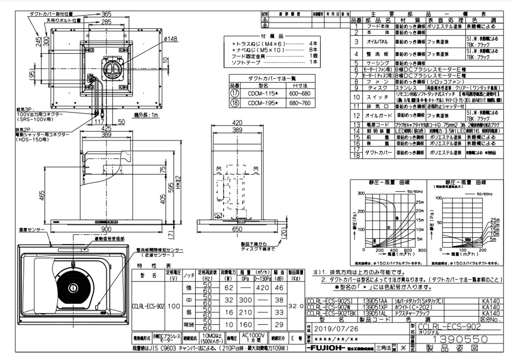 レンジフード 富士工業製（富士工業）CCLRL-ECS-902W 間口90cm