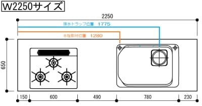 ワークトップ　DIYSUSTOP225R　最高級ステンレスワークトップ　I型　間口225cm　右シンク　シンクVE　DIYキッチン　