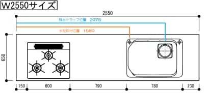 ワークトップ　DIYSUSTOP255R　最高級ステンレスワークトップ　I型　間口255cm　右シンク　シンクVE　DIYキッチン　