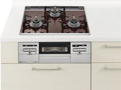 ガスコンロ  リンナイ製（Panasonic）JUGSW28P1C　クリアカラートップ　3口コンロ　両面焼きワイドグリル　幅60cm　ショコラ