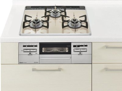 ガスコンロ  リンナイ製（Panasonic）JUGSW28P1V　クリアカラートップ　3口コンロ　両面焼きワイドグリル　幅60cm　ベージュ