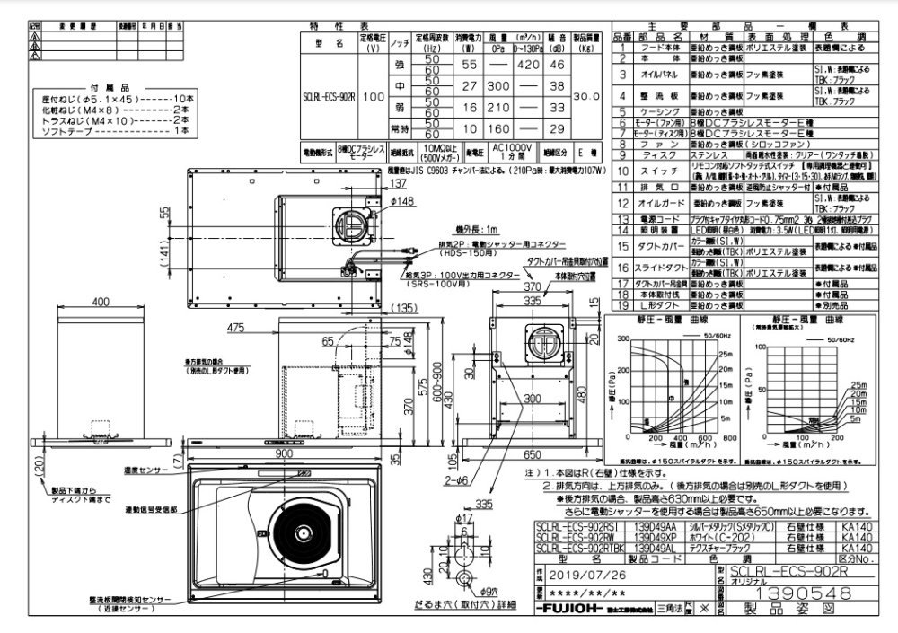富士工業 レンジフードSCLRL-ECS-902 本体（右壁取付） 【公式通販】
