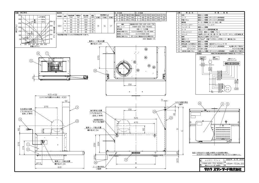 レンジフード タカラスタンダード VRAM-903ADL/R(V) 幅90cm シルバー