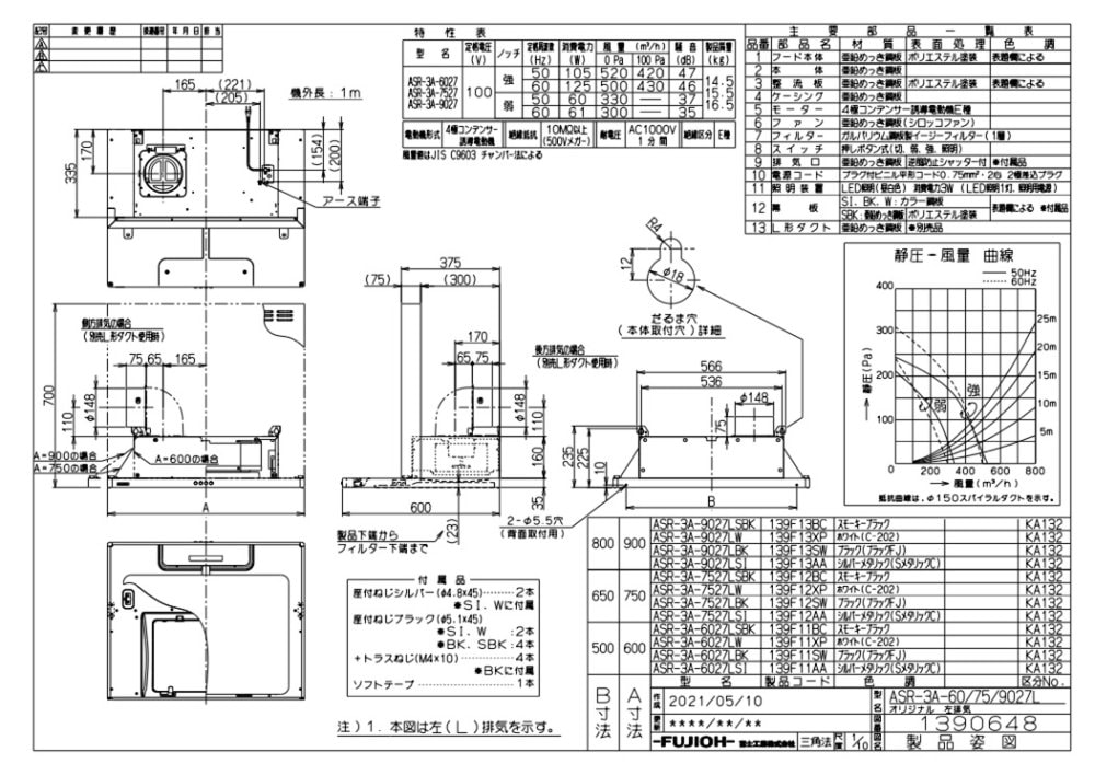 レンジフード 富士工業製（富士工業）ASR-3A-7527R/LBK ブラック 間口
