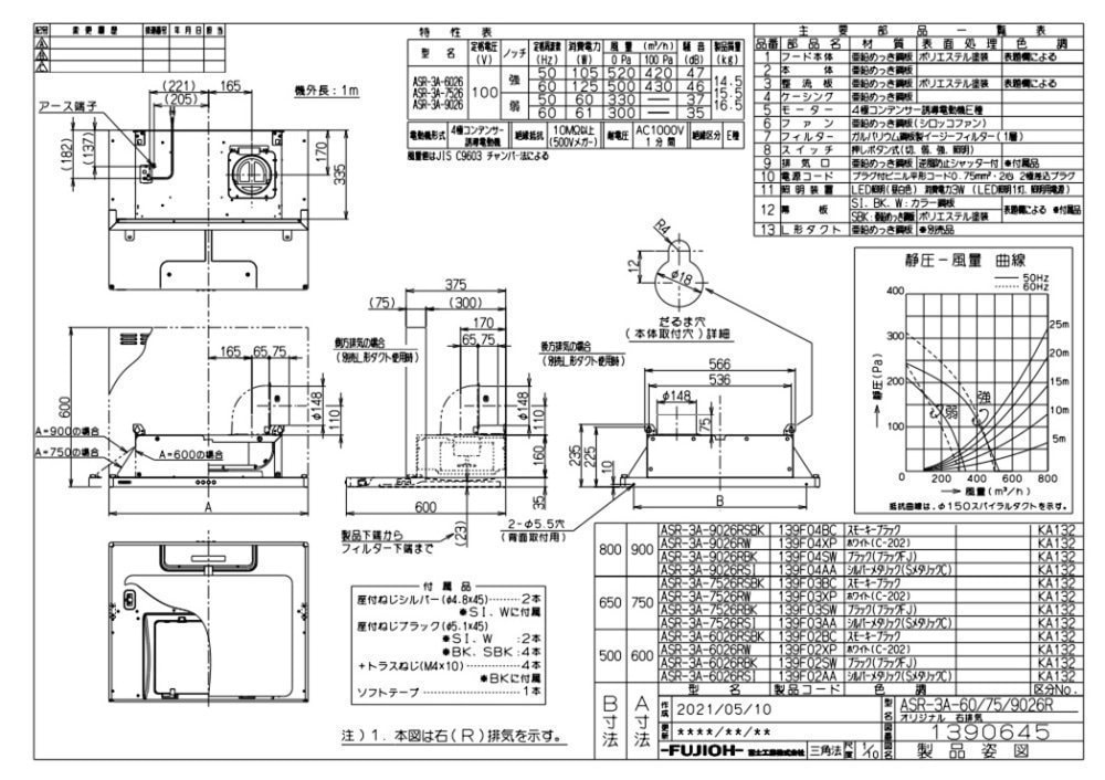 レンジフード 富士工業製（富士工業）ASR-3A-9027R/LW ホワイト 間口