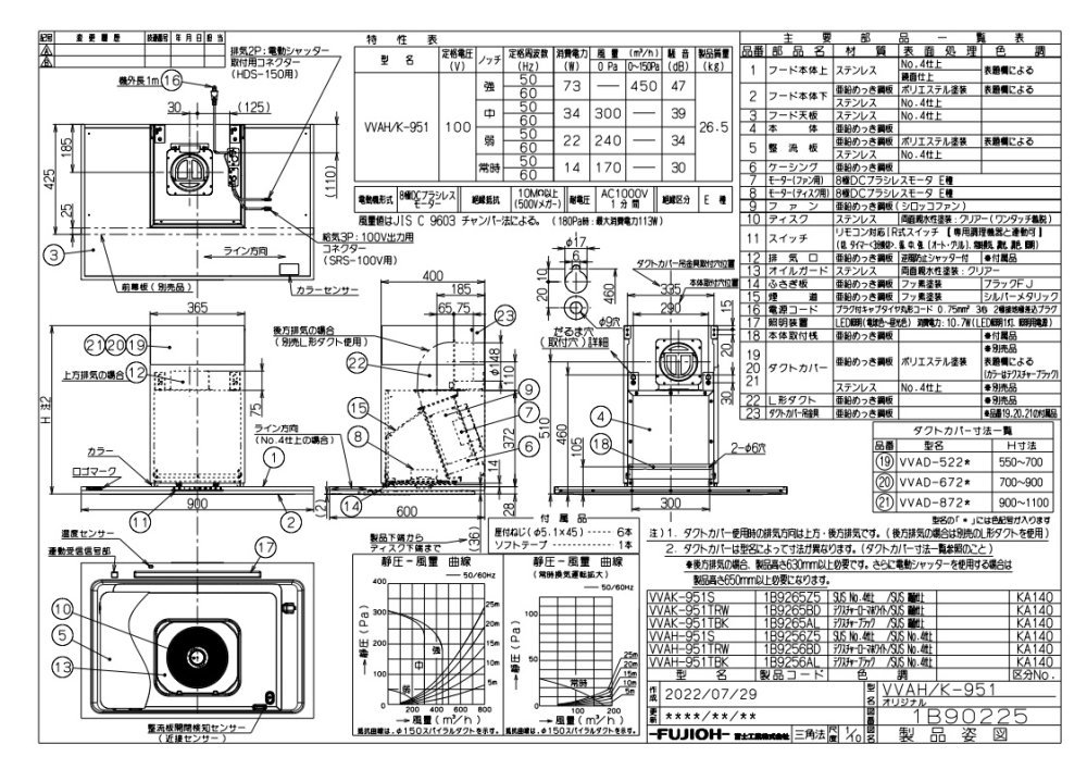 レンジフード アリアフィーナ製（富士工業）VVAH-951TRW 間口90cm