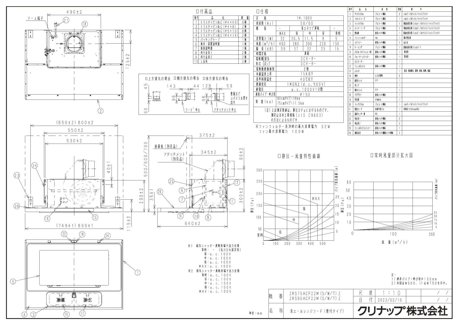 レンジフード クリナップ ZRS75ACF22MTZ 間口75cm マットブラック 洗